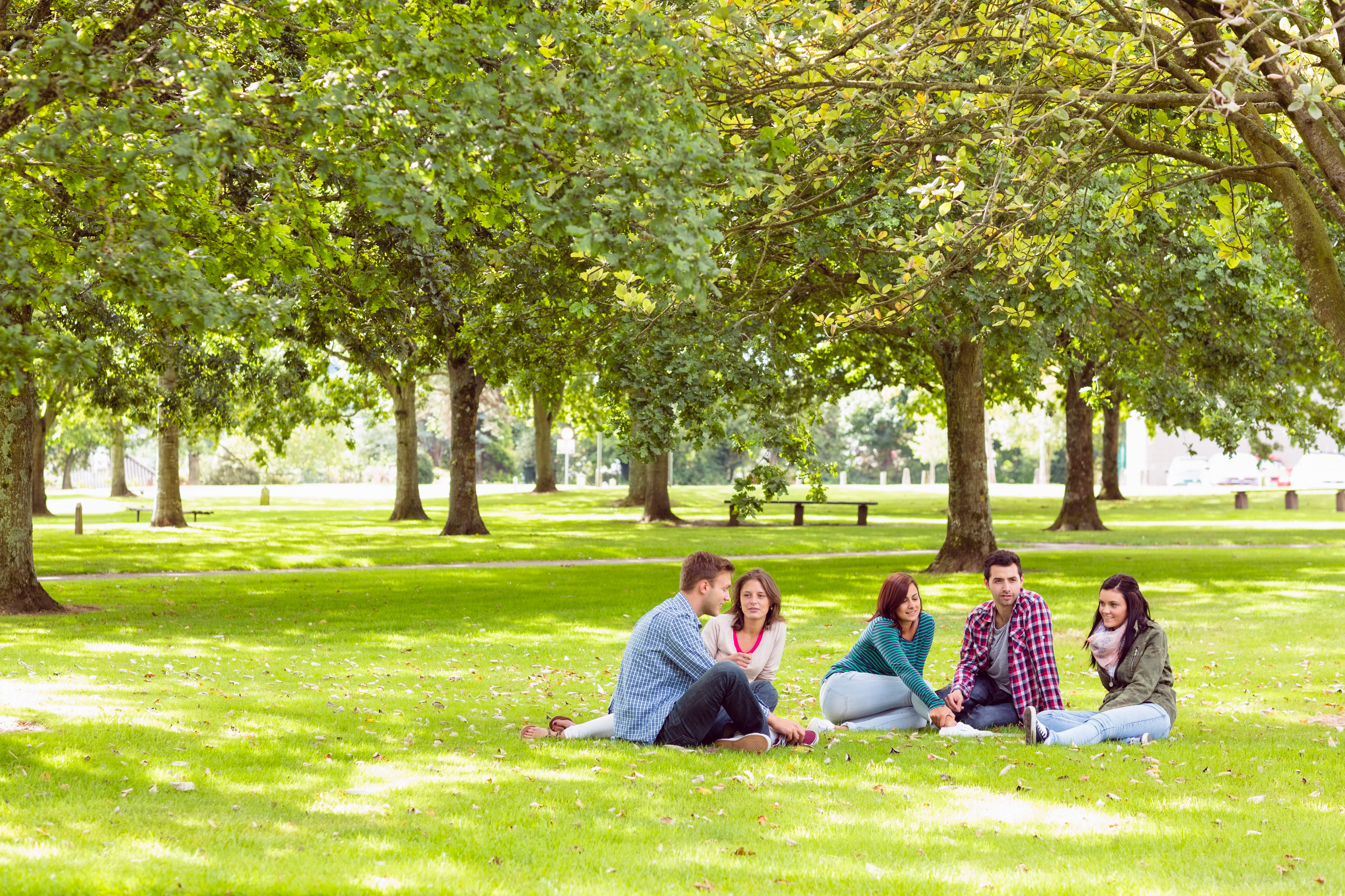 Group of students sitting outside on a college campus as seen from afar.